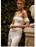 Off Shoulder Ivory Satin Slit Sexy Wedding Dress